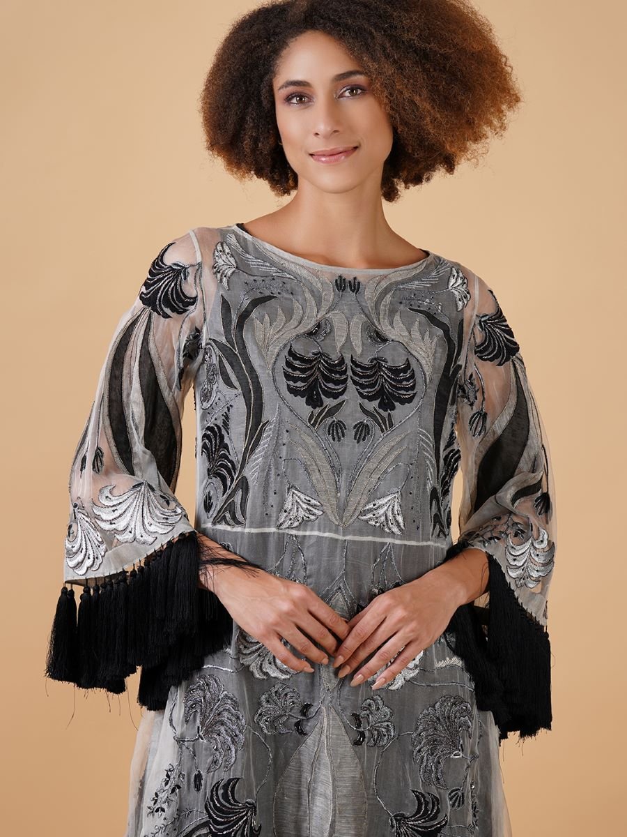 An organza base dress that is adorned with appliqué work in beautiful patterns - samantchauhan Apparel & Accessories
