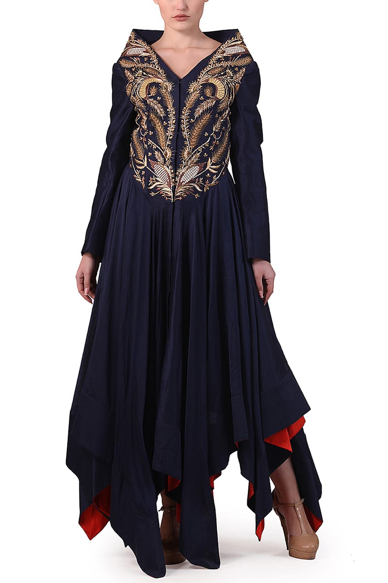 Asymmetric Embroidered Kurta with stylized neckline - samantchauhan