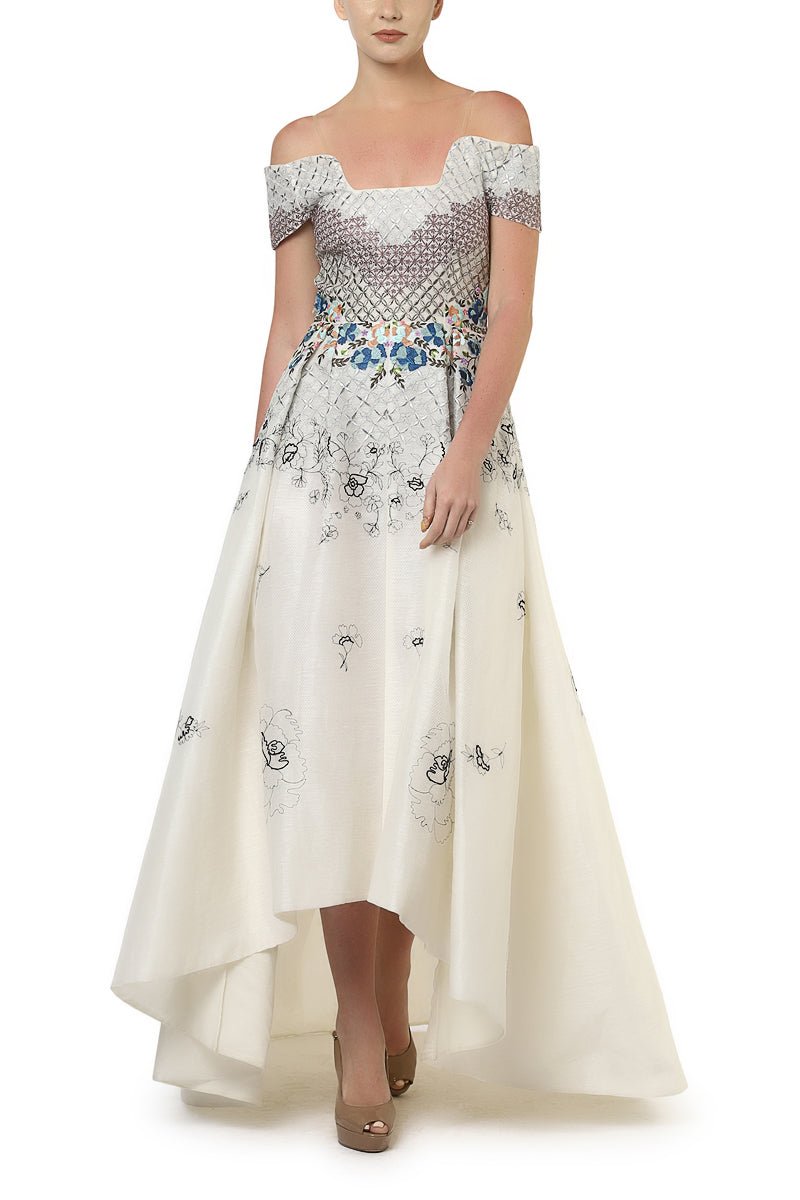 Asymmetric off - shoulder Embroidered Dress - samantchauhan