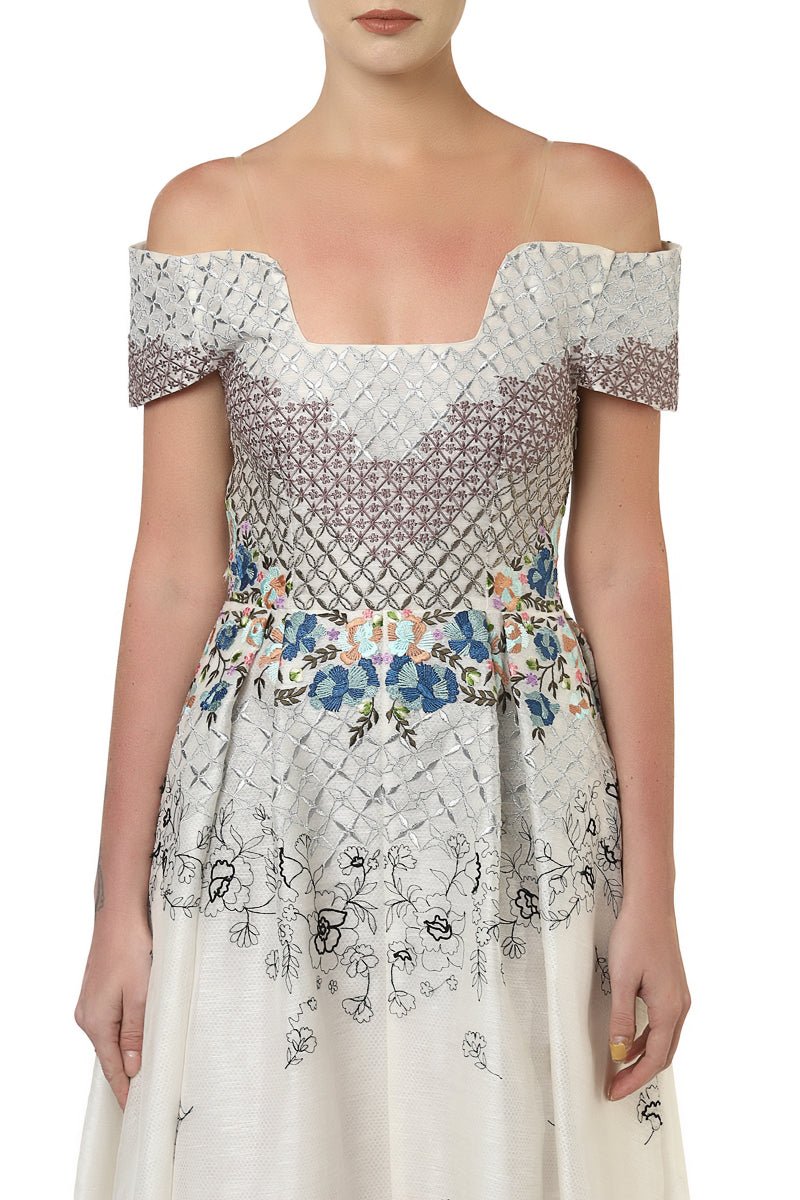 Asymmetric off - shoulder Embroidered Dress - samantchauhan