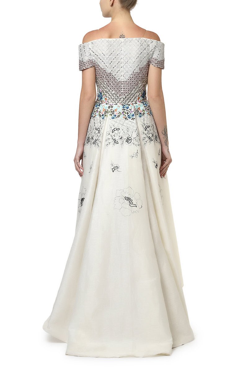 Asymmetric off - shoulder Embroidered Dress - samantchauhan