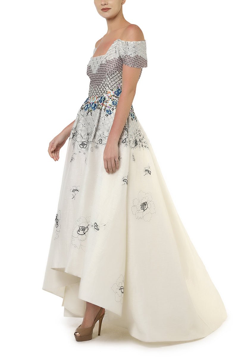 Asymmetric off - shoulder Embroidered Dress - samantchauhan
