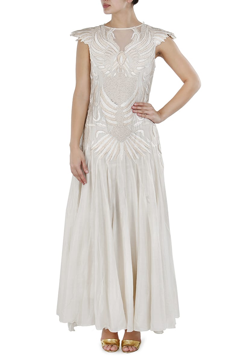 Bird Motifs Embroidered, ankle - length Gown - samantchauhan