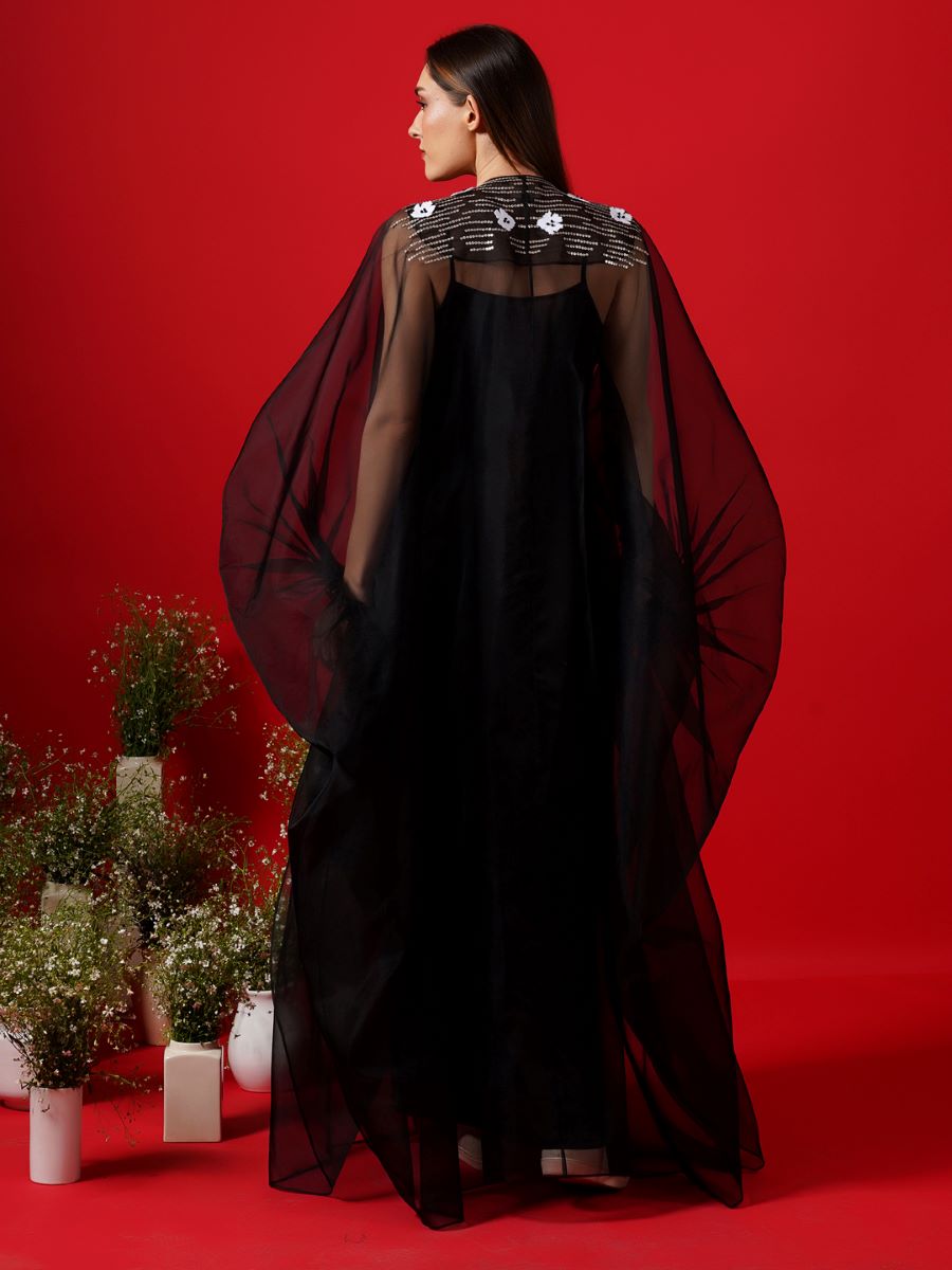 Black Organza kaftan that is surfaced with applique work - samantchauhan Apparel & Accessories
