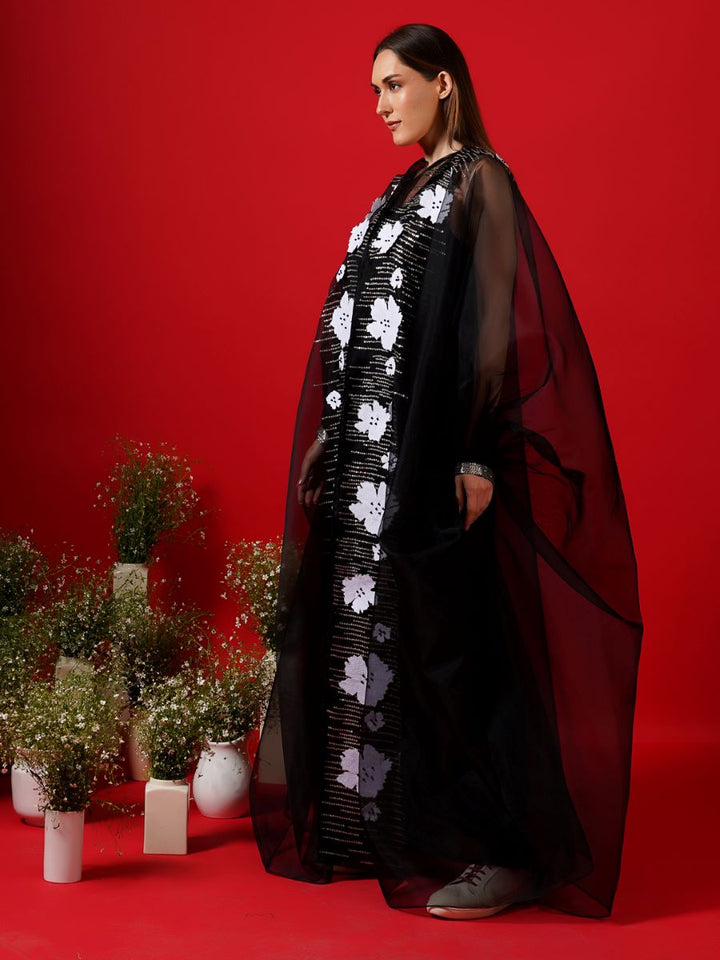 Black Organza kaftan that is surfaced with applique work - samantchauhan Apparel &amp; Accessories
