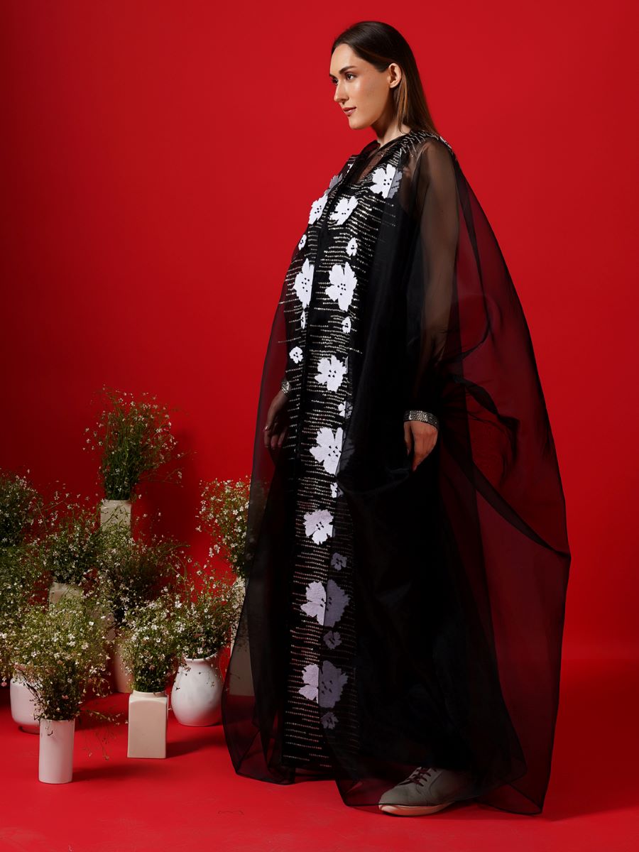 Black Organza kaftan that is surfaced with applique work - samantchauhan Apparel & Accessories