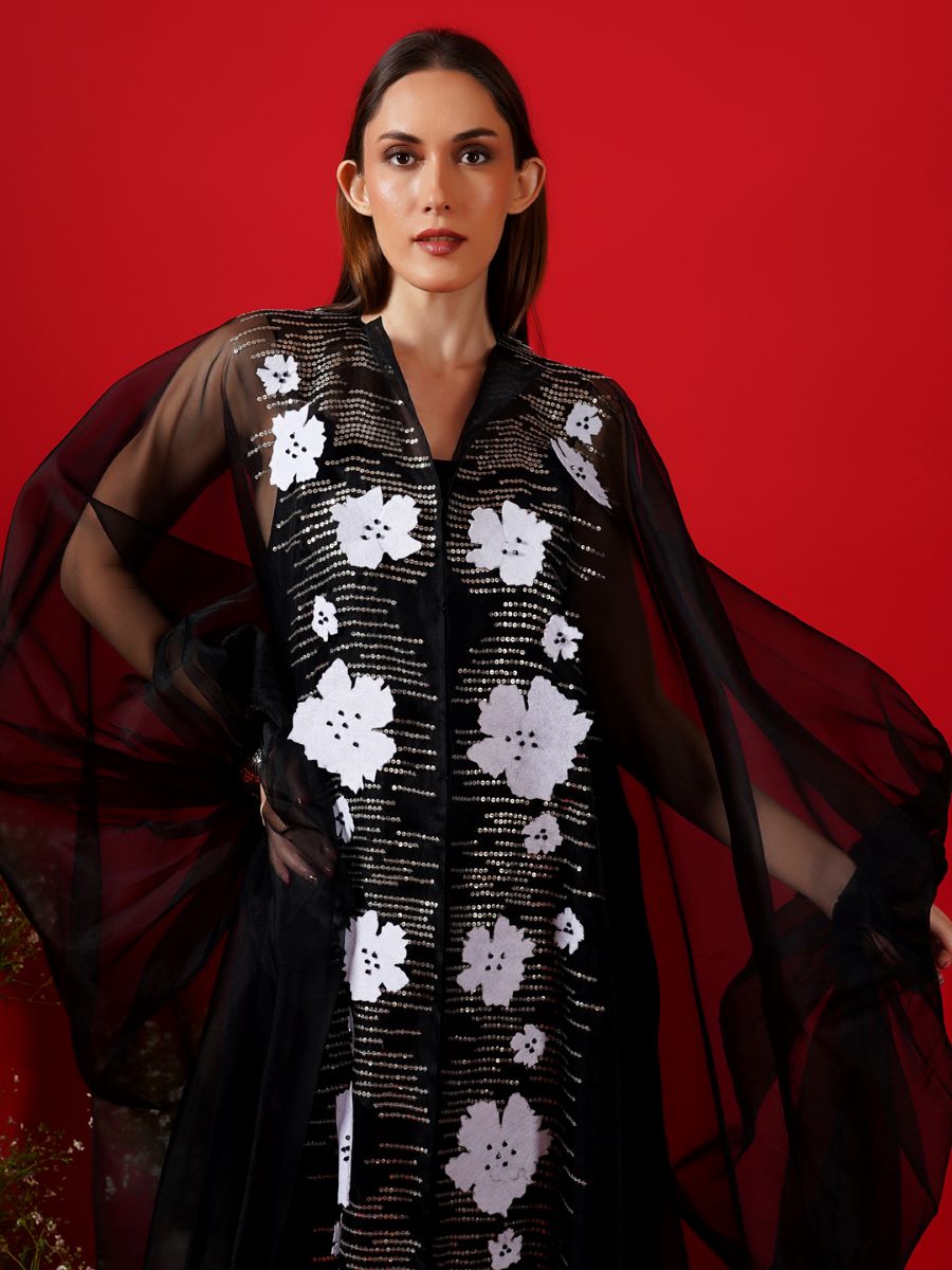 Black Organza kaftan that is surfaced with applique work - samantchauhan Apparel & Accessories