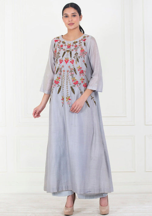 Blue cotton silk kurta that is embroidered from the neck till the waist - samantchauhan Apparel & Accessories