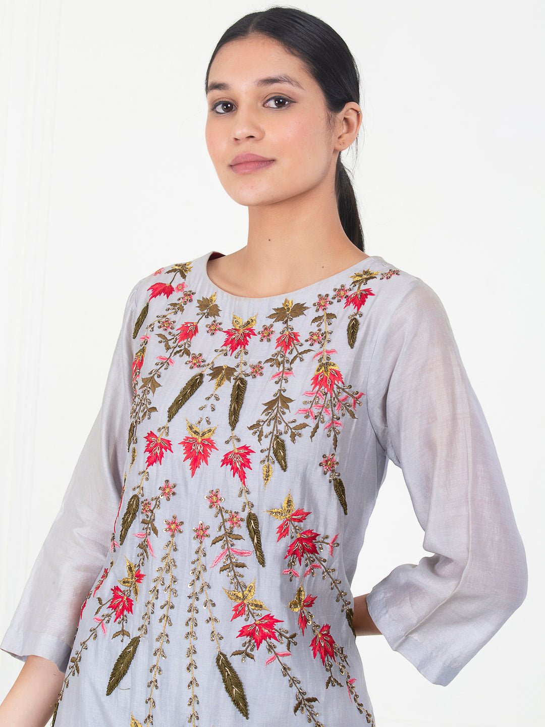 Blue cotton silk kurta that is embroidered from the neck till the waist - samantchauhan Apparel & Accessories