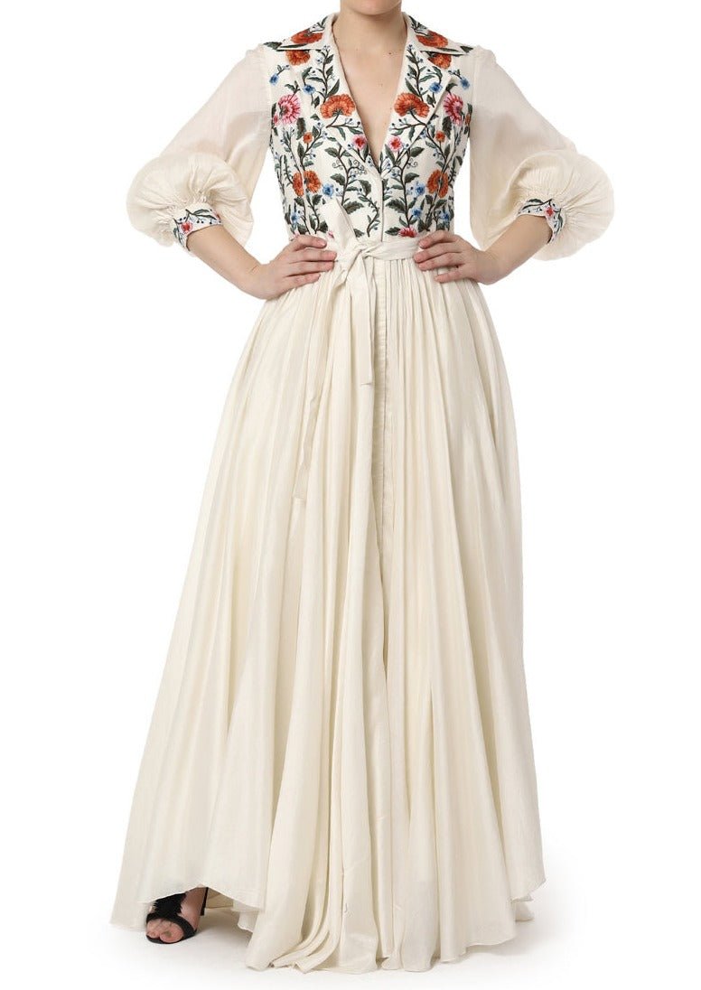 Cotton silk Angrakha Neck Embroidered Gown with balloon sleeves - samantchauhan