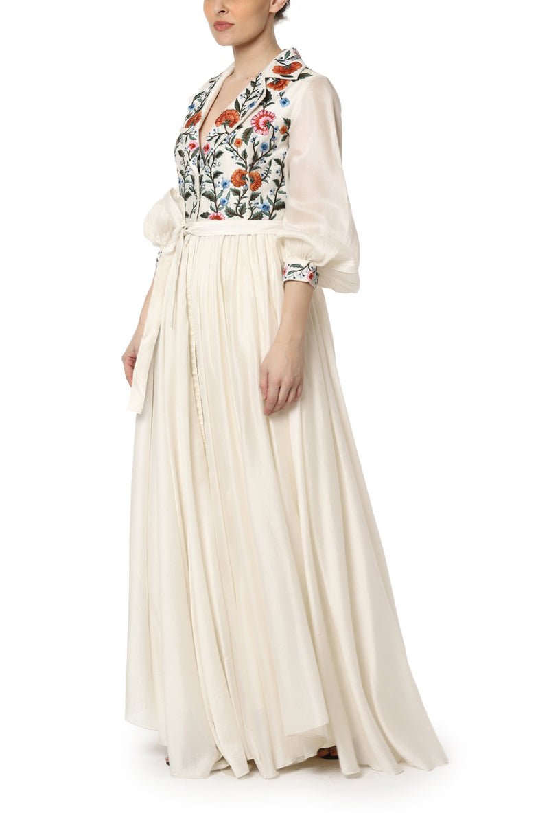Cotton silk Angrakha Neck Embroidered Gown with balloon sleeves - samantchauhan