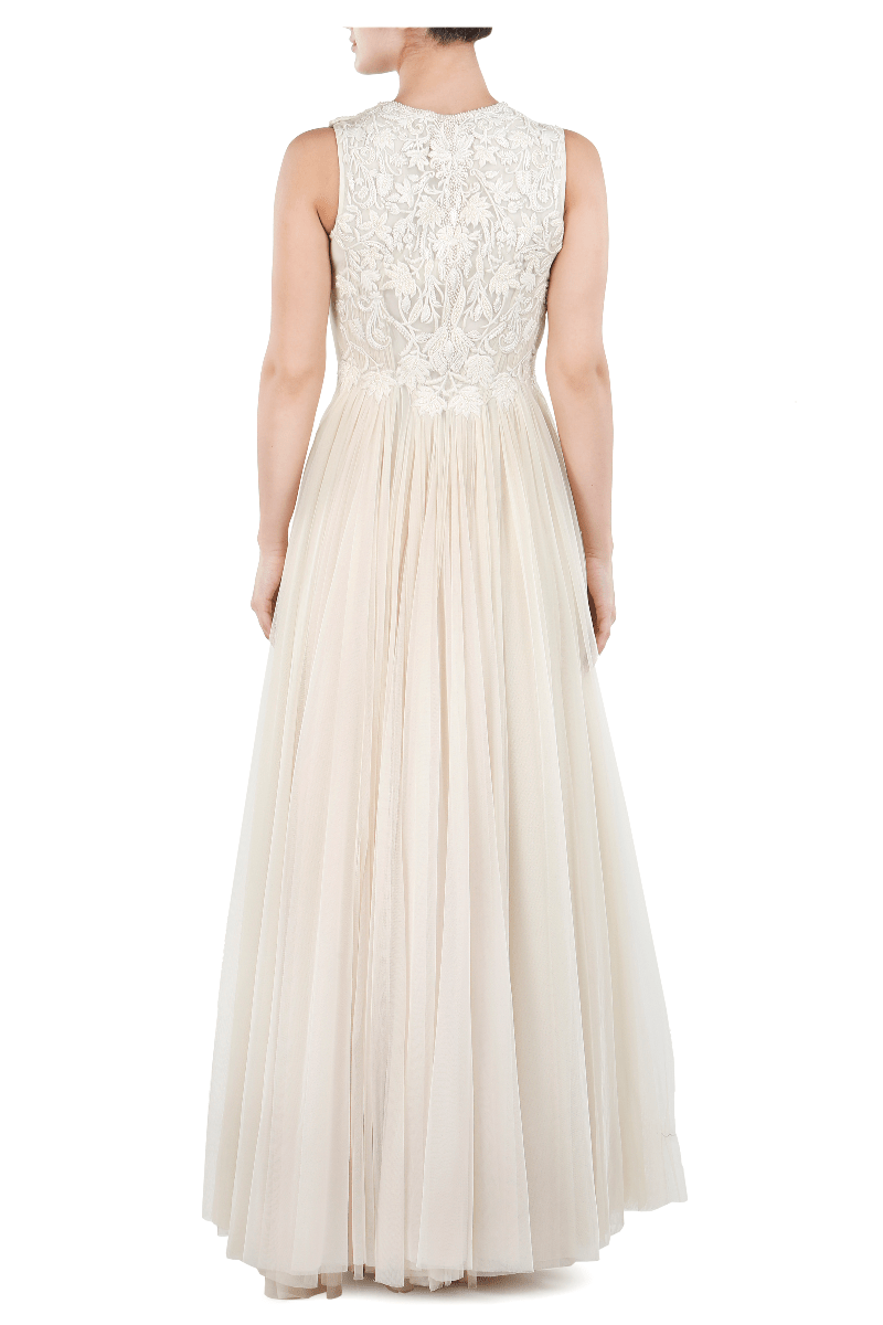 Cotton silk embroidered bridesmaid gown with net flair on the skirt - samantchauhan