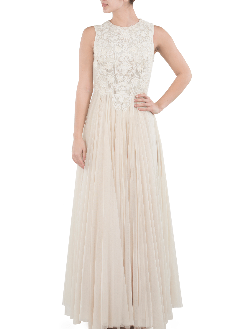 Cotton silk embroidered bridesmaid gown with net flair on the skirt - samantchauhan