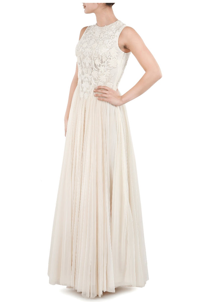 Cotton silk embroidered bridesmaid gown with net flair on the skirt - samantchauhan