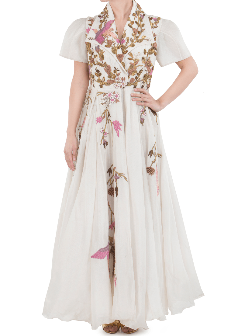 Cotton silk front open gown embroidered in silk yarn - samantchauhan