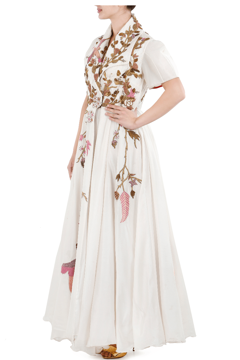 Cotton silk front open gown embroidered in silk yarn - samantchauhan