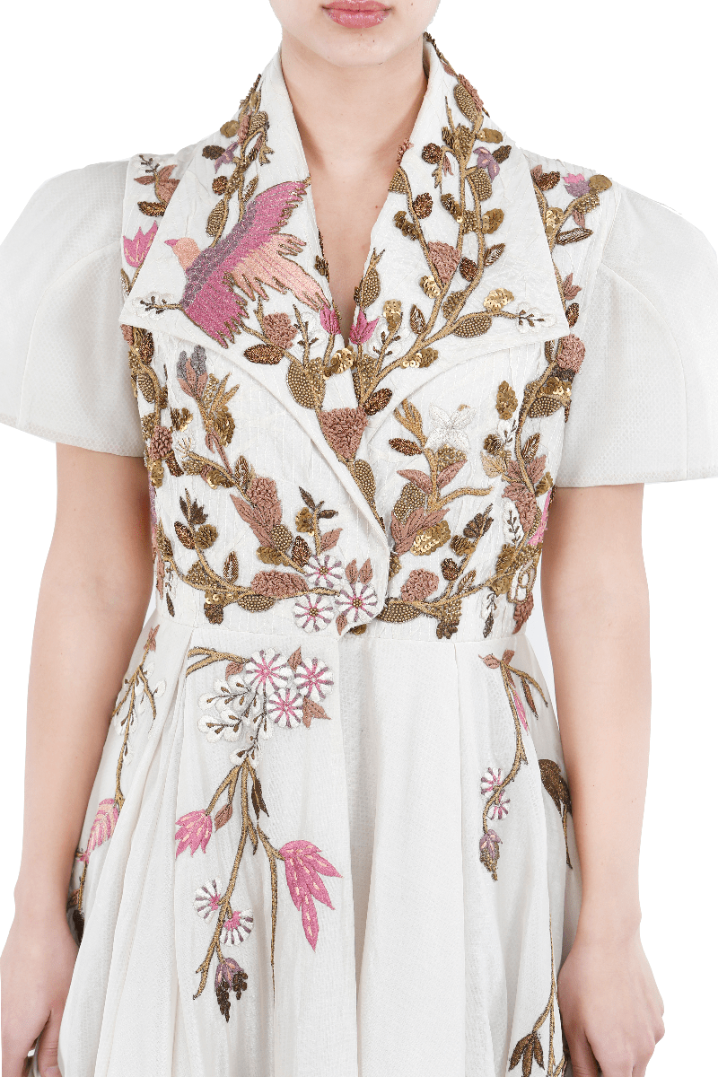 Cotton silk front open gown embroidered in silk yarn - samantchauhan