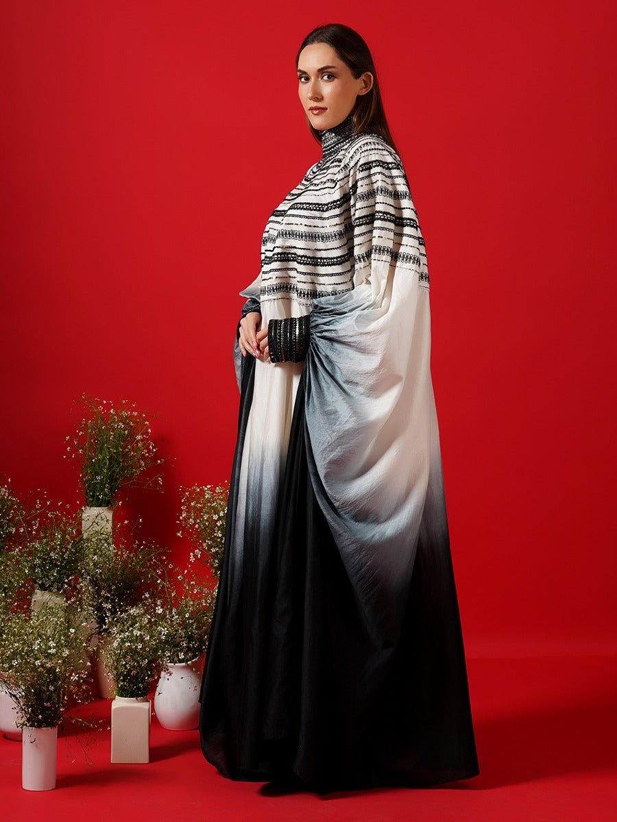 Cotton silk kaftan in Ombre of white and black with a high neckline. - samantchauhan Apparel & Accessories