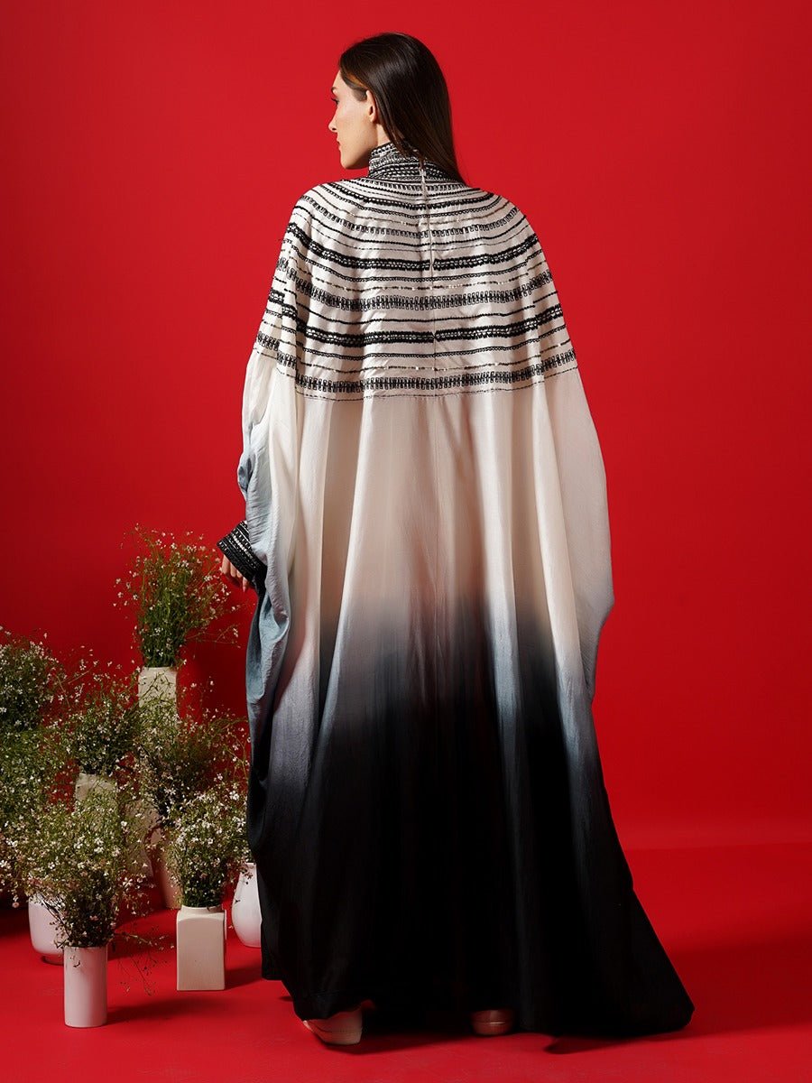 Cotton silk kaftan in Ombre of white and black with a high neckline. - samantchauhan Apparel & Accessories