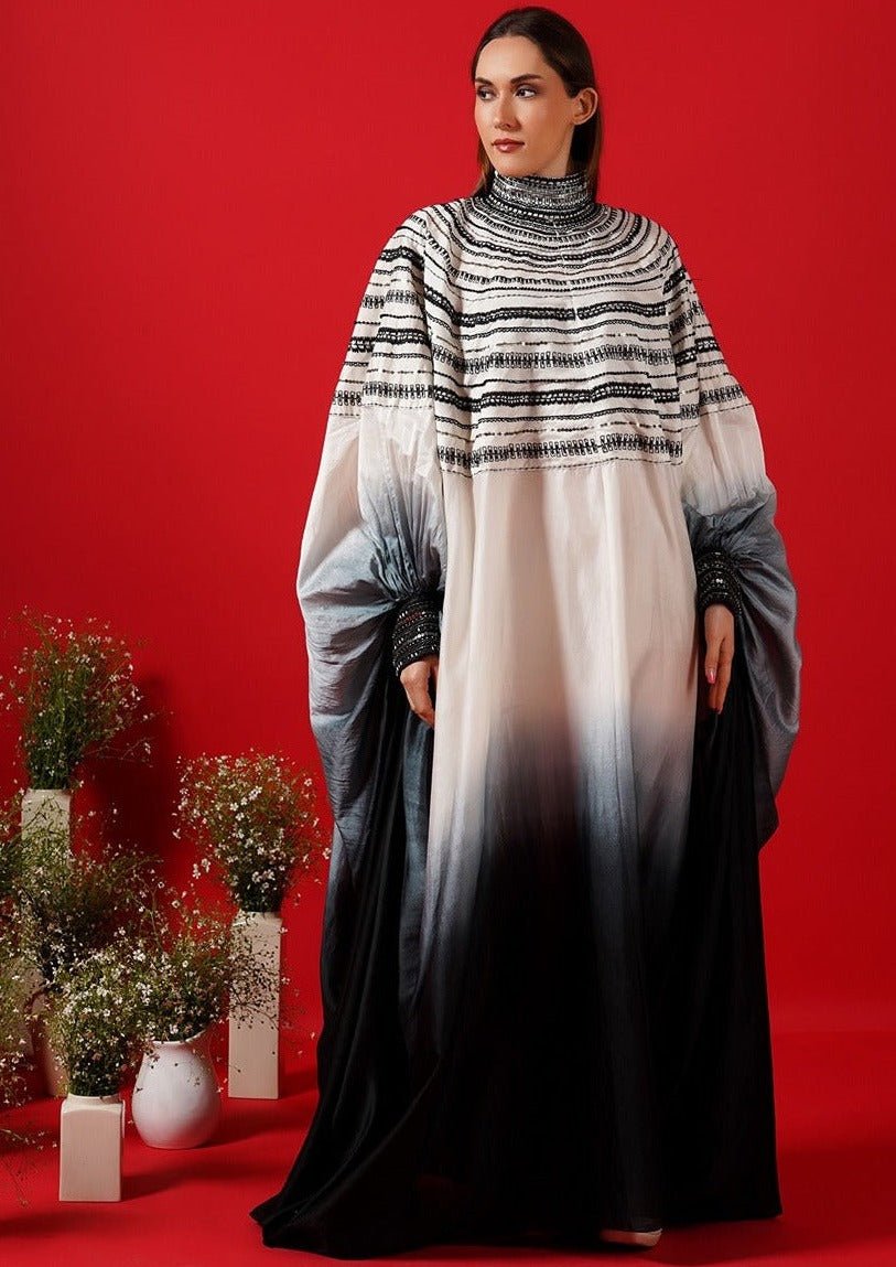 Cotton silk kaftan in Ombre of white and black with a high neckline. - samantchauhan Apparel & Accessories