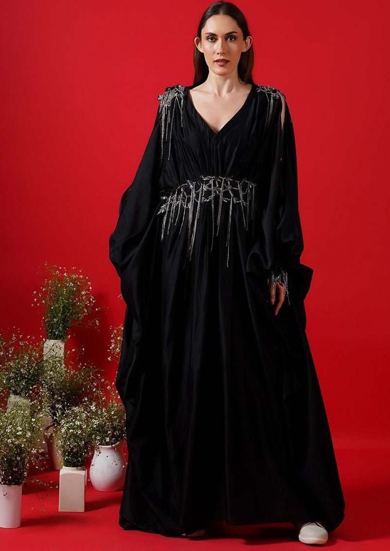 Cotton silk kaftan with embroidery on shoulders & belt - samantchauhan Apparel & Accessories