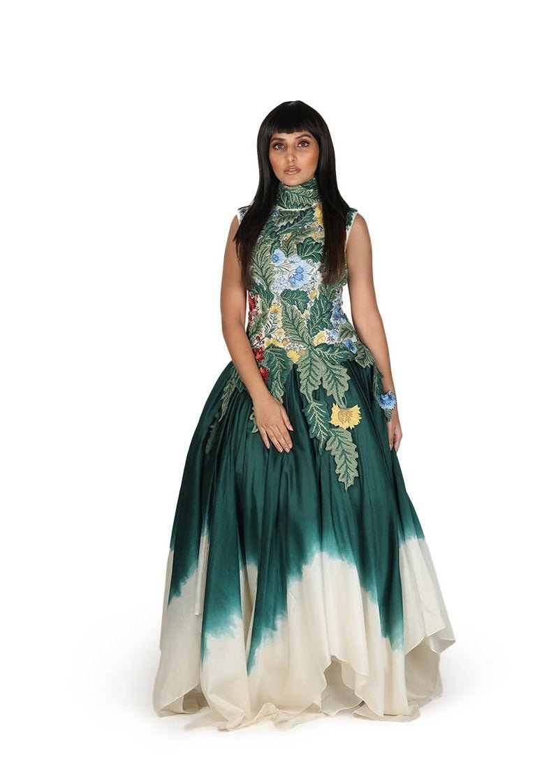 Cotton - silk Ombre gown in ivory and green - samantchauhan Dresses
