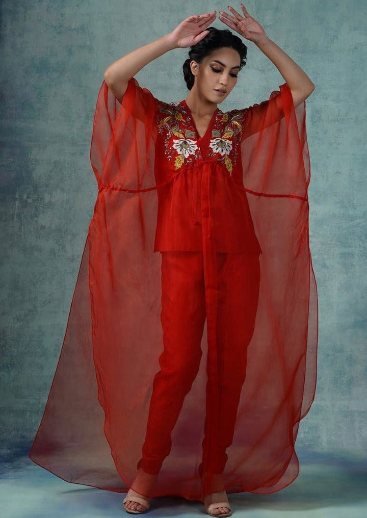 Cotton silk pant and top topped with organza kaftaan. - samantchauhan Apparel &amp; Accessories