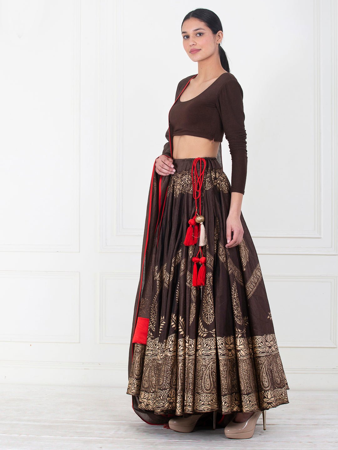 Dupion silk lehenga &amp; Dupatta with gold block print - samantchauhan Apparel &amp; Accessories