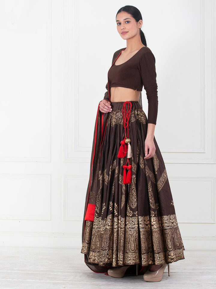 Dupion silk lehenga &amp; Dupatta with gold block print - samantchauhan Apparel &amp; Accessories