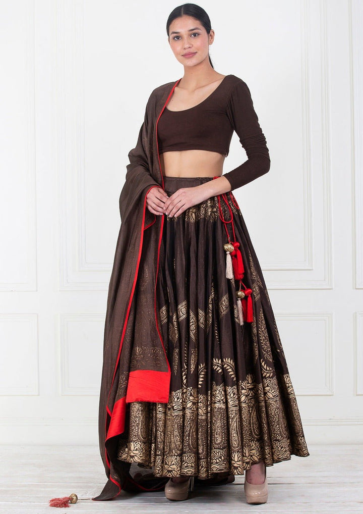 Dupion silk lehenga &amp; Dupatta with gold block print - samantchauhan Apparel &amp; Accessories