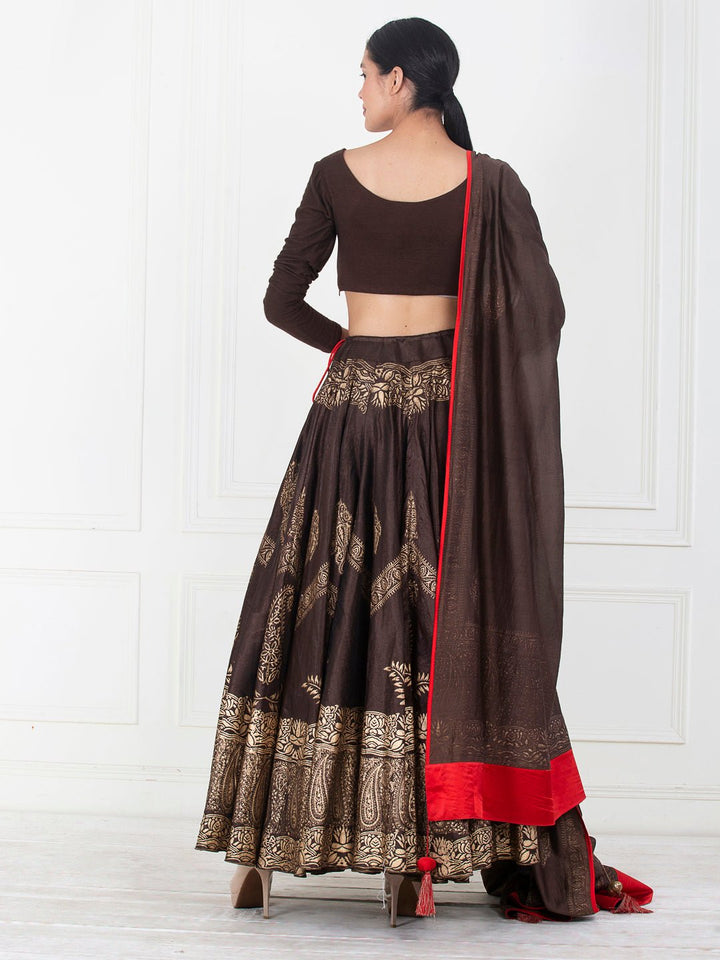 Dupion silk lehenga &amp; Dupatta with gold block print - samantchauhan Apparel &amp; Accessories