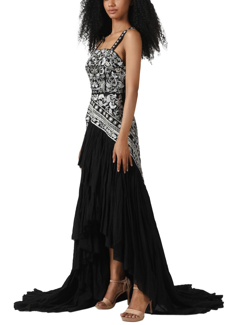 Asymmetrical high-low embroidered gown
