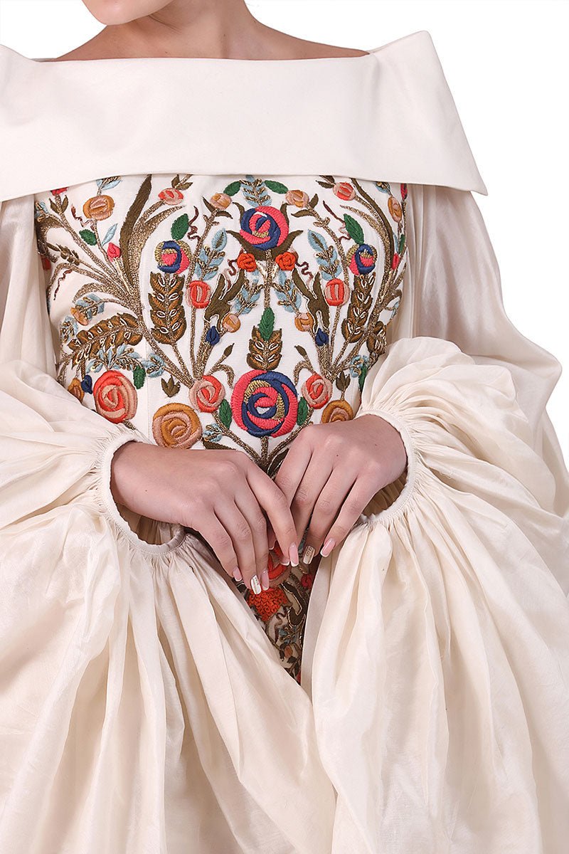 Embroidered Dress with big Balloon Sleeves and stylized neck - samantchauhan