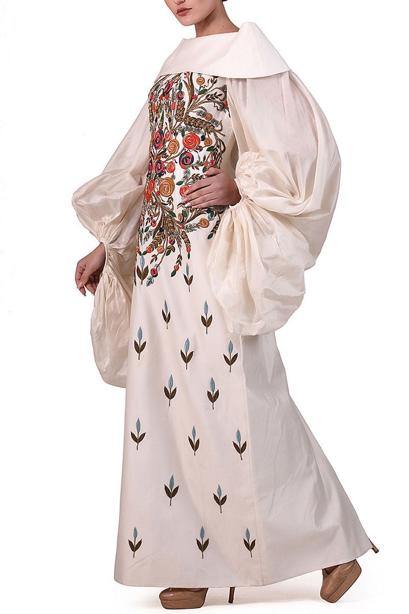 Embroidered Dress with big Balloon Sleeves and stylized neck - samantchauhan