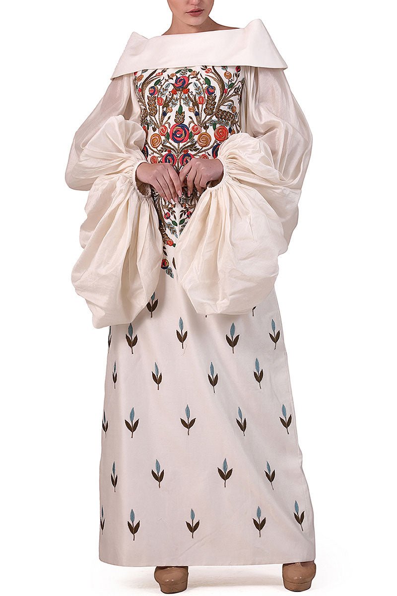Embroidered Dress with big Balloon Sleeves and stylized neck - samantchauhan