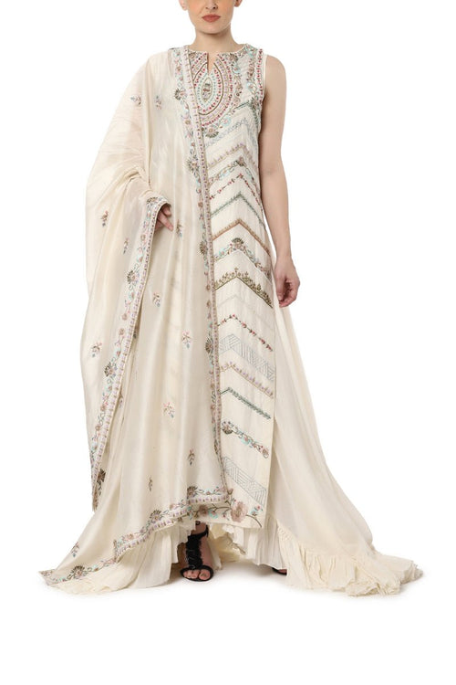 Embroidered Kurta with Asymmetrical Ruffled Slip - samantchauhan