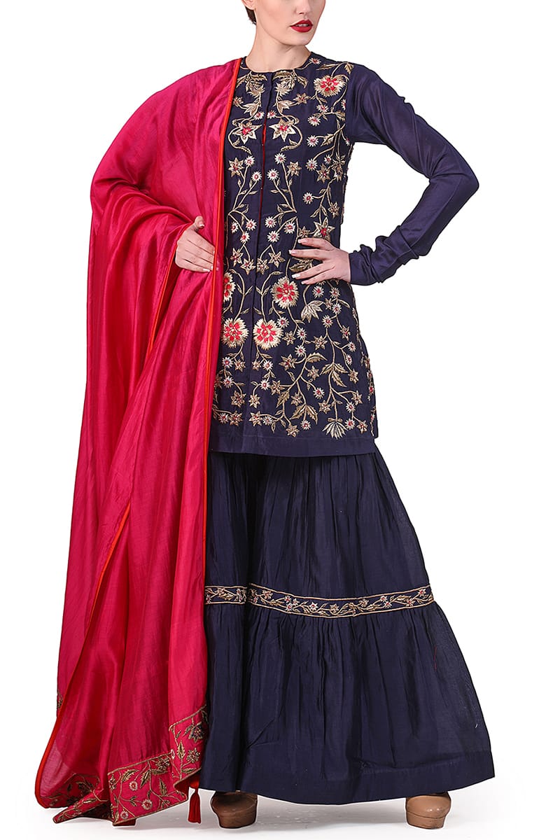 Embroidered Short Kurta, Sharara & Dupatta set - samantchauhan