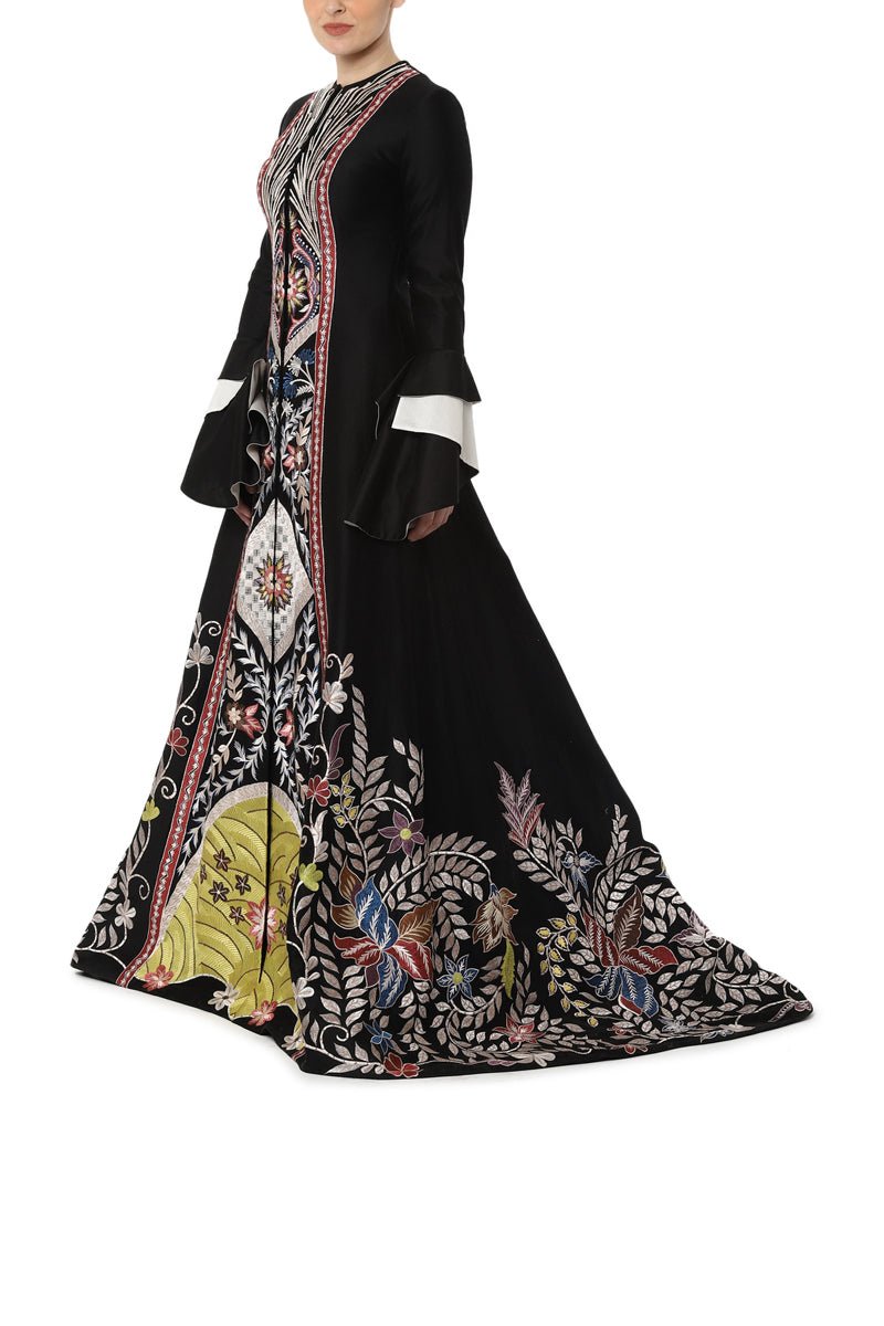Floor - length embroidered gown with a mini trail and bell sleeves - samantchauhan
