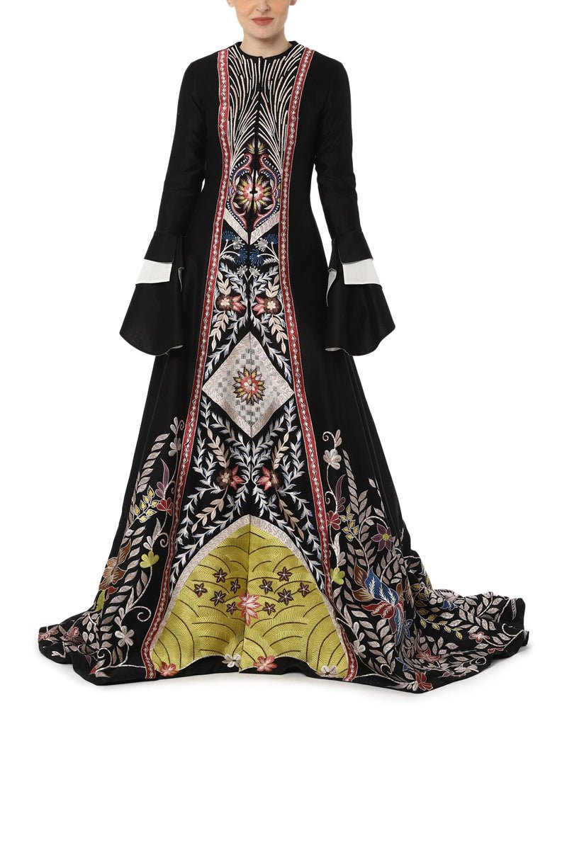 Floor - length embroidered gown with a mini trail and bell sleeves - samantchauhan