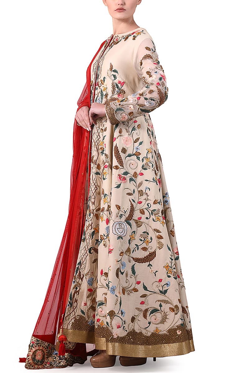 Floral Embroidered front open jacket &amp; Dupatta - samantchauhan