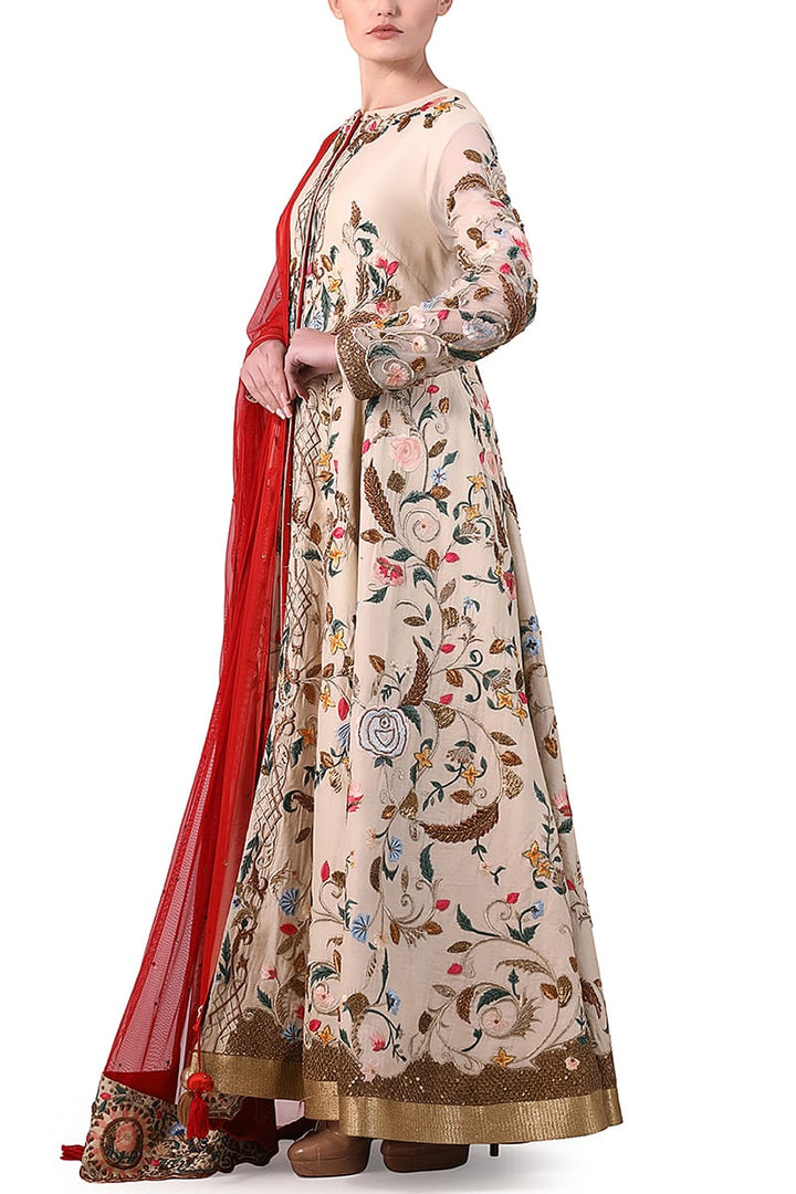 Floral Embroidered front open jacket &amp; Dupatta - samantchauhan