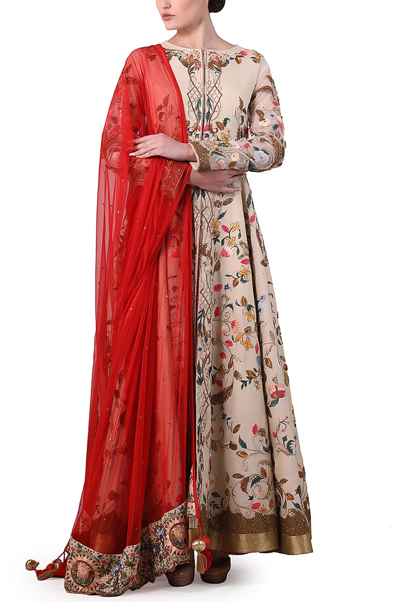 Floral Embroidered front open jacket &amp; Dupatta - samantchauhan