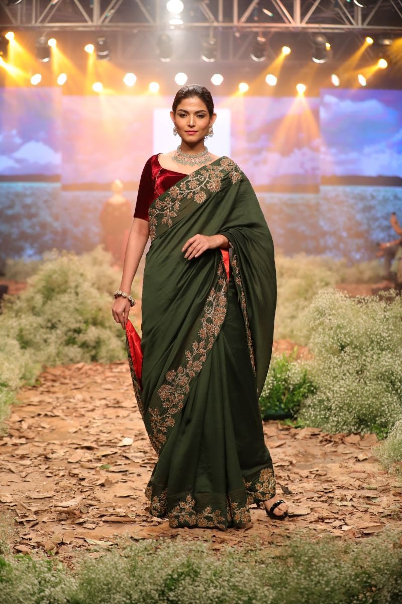 Green cotton silk saree decorated in Golden French knot embroidery with maroon blouse - samantchauhan Clothing