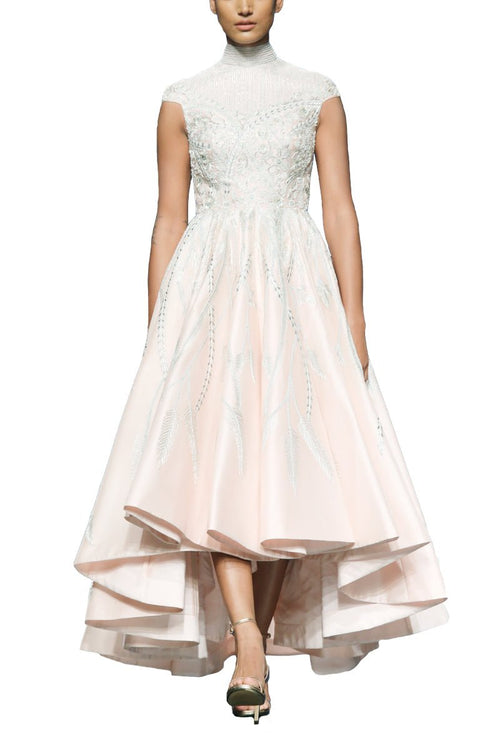 High - low Cotton Silk Gown in box pleats and high neck - samantchauhan