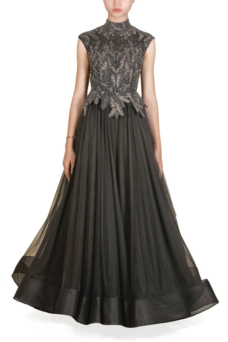High - Neck Embroidered Gown - samantchauhan