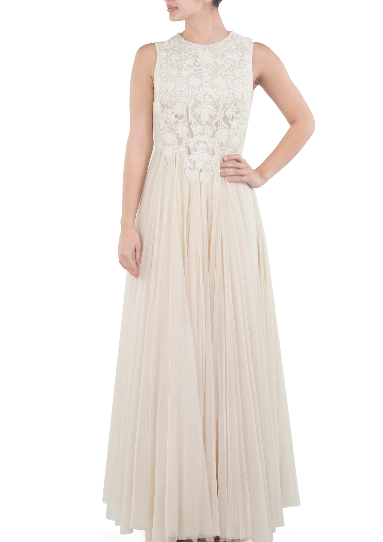 Cotton silk embroidered bridesmaid gown with net flair on the skirt