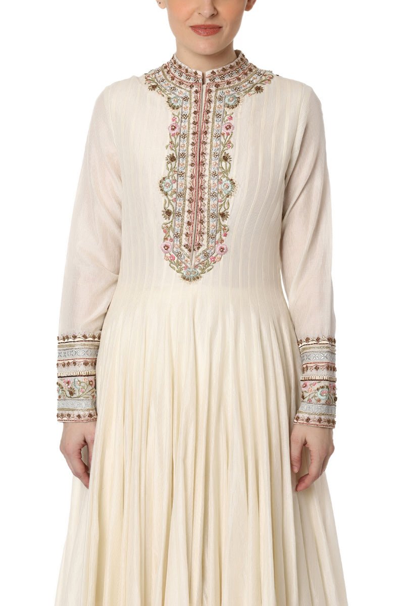 Ivory Anarkali set with an embroidered neckline and organza dupatta - samantchauhan