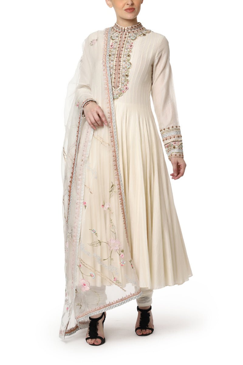 Ivory Anarkali set with an embroidered neckline and organza dupatta - samantchauhan