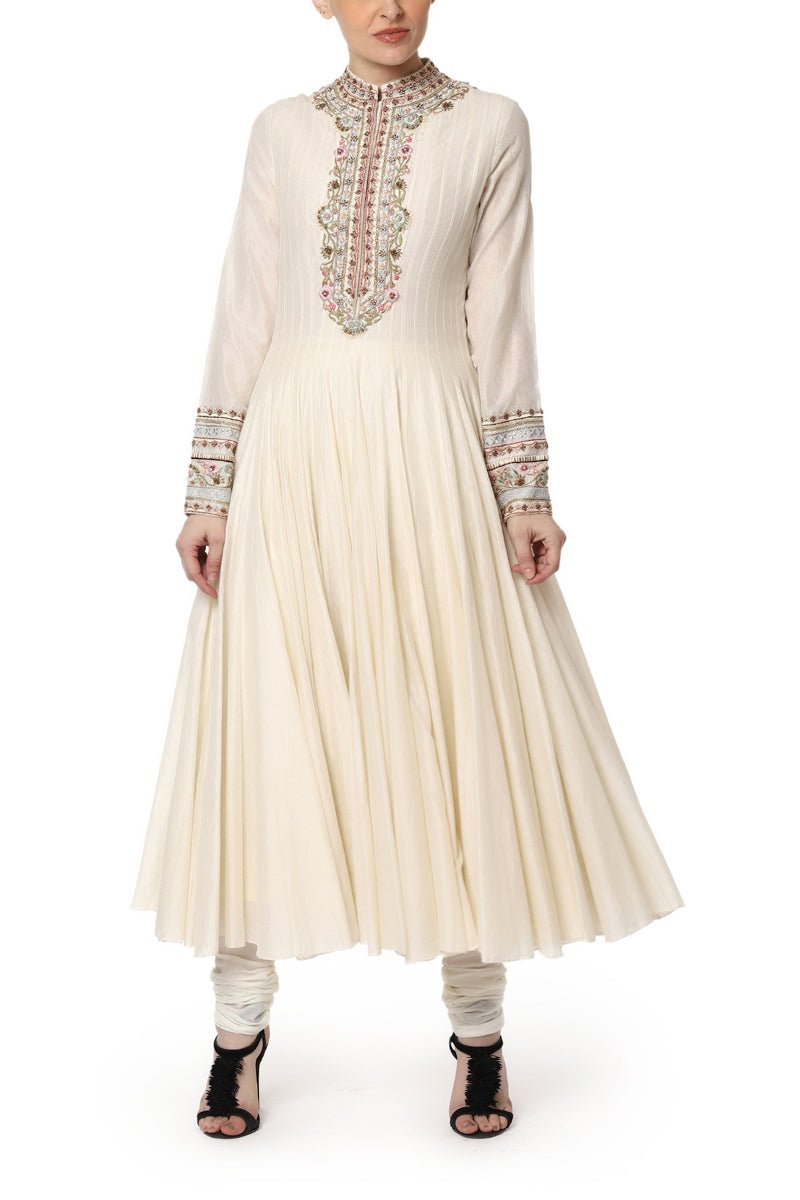 Ivory Anarkali set with an embroidered neckline and organza dupatta - samantchauhan