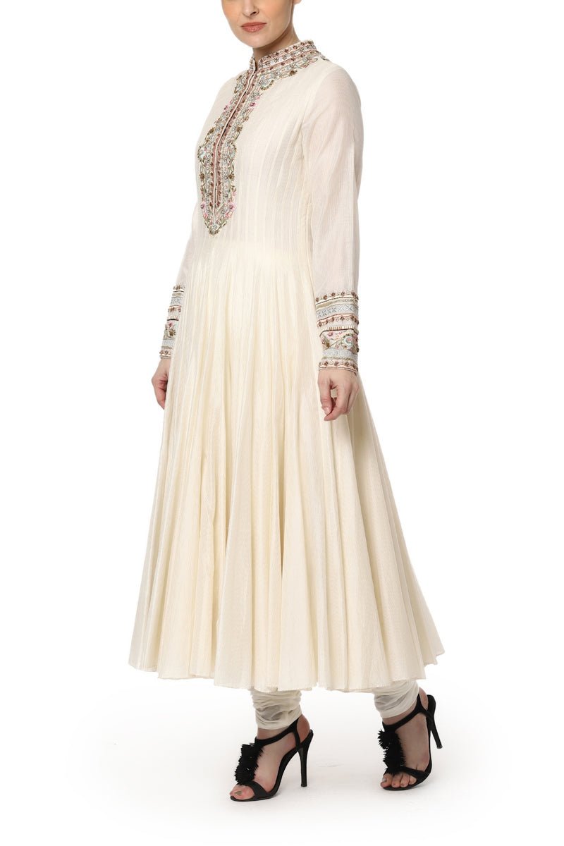 Ivory Anarkali set with an embroidered neckline and organza dupatta - samantchauhan